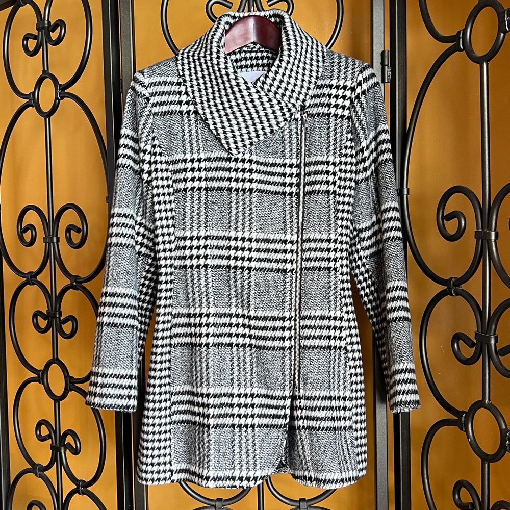 JESSICA SIMPSON Checker Plaid Wool Wrap Zipper Coat - Picture 9 of 16